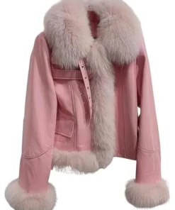 Leather Jacket With Pink Fur Open Hem Front With Fur Cuffs