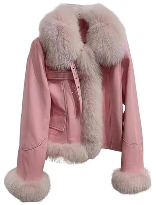 Leather Jacket With Pink Fur Open Hem Front With Fur Cuffs