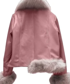 Leather Jacket With Pink Fur Open Hem Front With Fur Cuffs Back