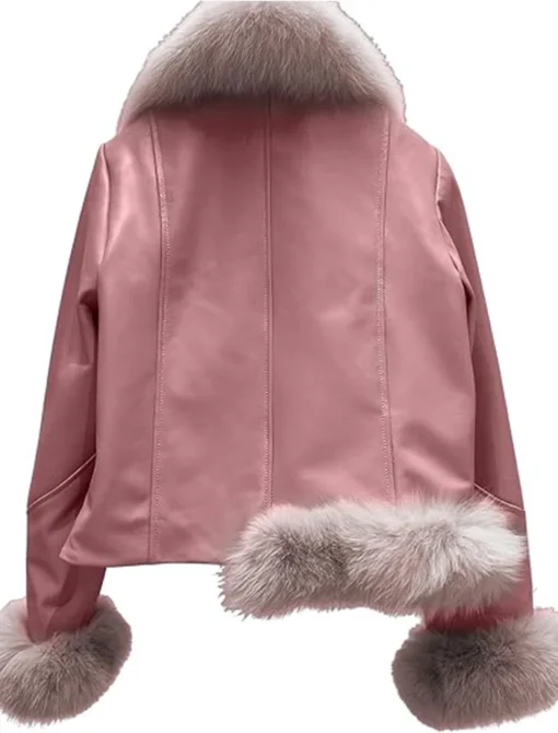 Leather Jacket With Pink Fur Open Hem Front With Fur Cuffs Back