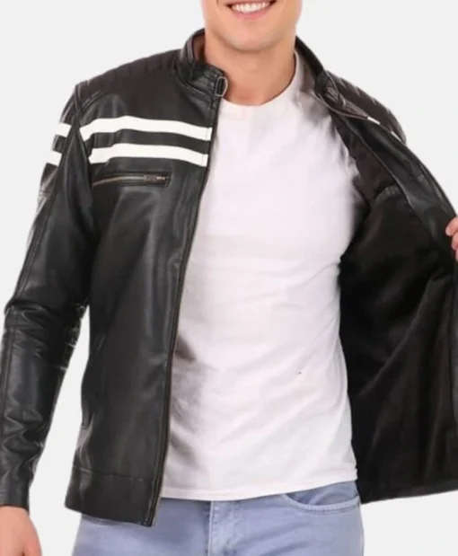 Mens Black Cafe Racer White Striped Jacket Inner