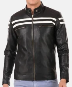 Mens Black Cafe Racer White Striped Jacket Main