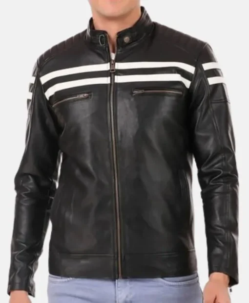 Mens Black Cafe Racer White Striped Jacket Main