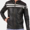 Mens Black Cafe Racer White Striped Jacket Zipper