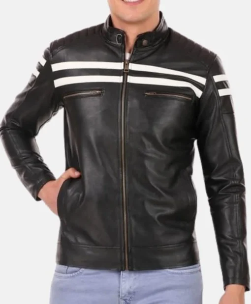 Mens Black Cafe Racer White Striped Jacket Zipper