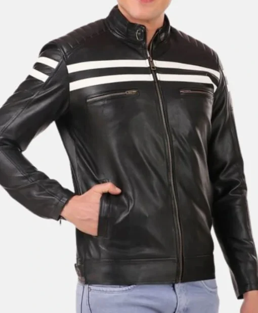 Mens Black Cafe Racer White Striped Jacket Zipper