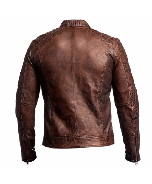 Mens Brown Slim Fit Cafe Racer Leather Jacket Back