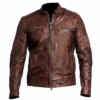 Mens Brown Slim Fit Cafe Racer Leather Jacket Main