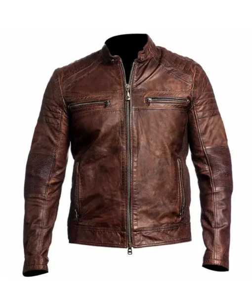 Mens Brown Slim Fit Cafe Racer Leather Jacket Main