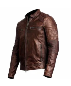 Mens Brown Slim Fit Cafe Racer Leather Jacket Side