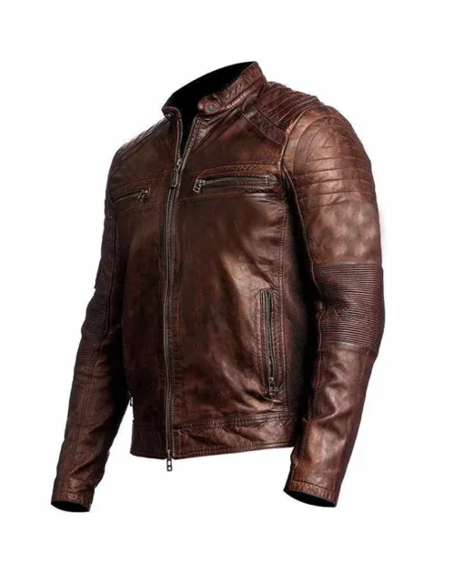 Mens Brown Slim Fit Cafe Racer Leather Jacket Side