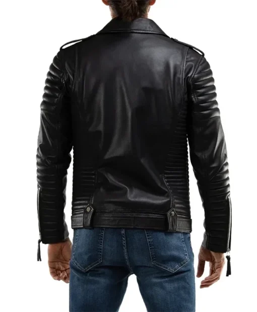 Men’s Quilted Black Leather Moto Jacket Back