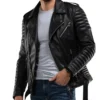 Men’s Quilted Black Leather Moto Jacket Pockets