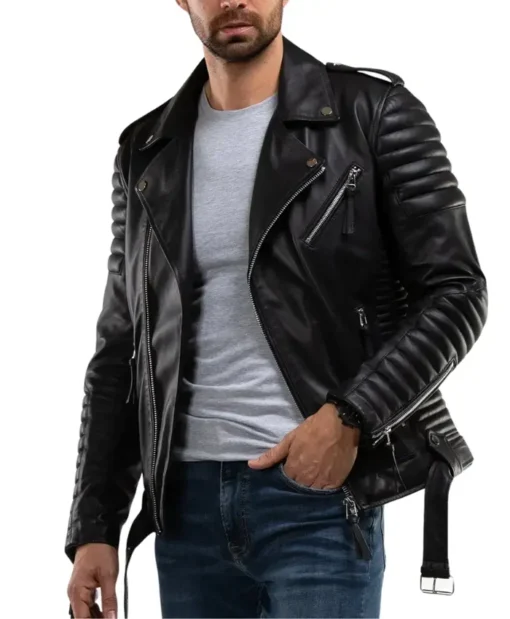 Men’s Quilted Black Leather Moto Jacket Pockets