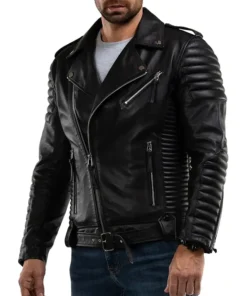 Men’s Quilted Black Leather Moto Jacket Side