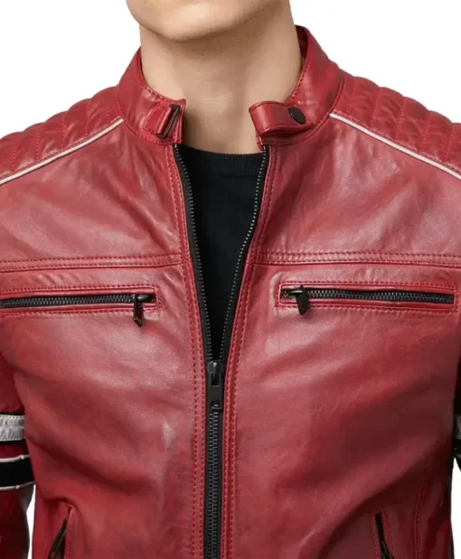 Men's Quilted Stripes Biker Leather Jacket Snap