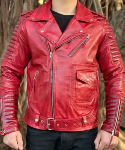 Mens Red Leather Biker Jacket