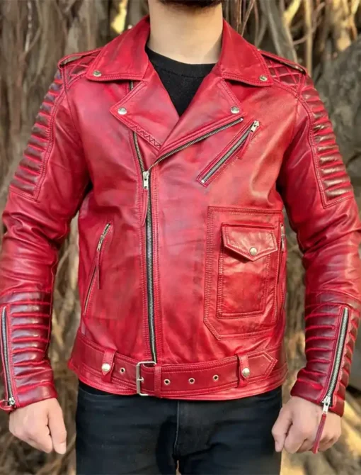 Mens Red Leather Biker Jacket