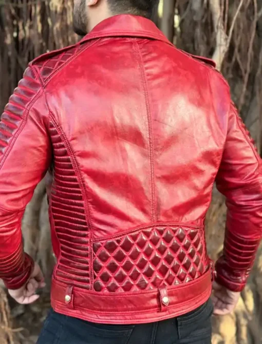 Mens Red Leather Biker Jacket Back