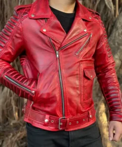 Mens Red Leather Biker Jacket Front