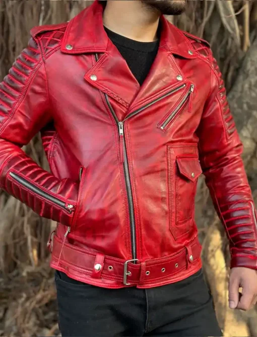 Mens Red Leather Biker Jacket Front