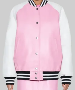 Pink And White Varsity Bomber Leather Jacket With Rib Knitted Collar