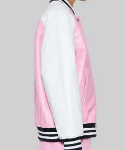 Pink And White Varsity Bomber Leather Jacket With Rib Knitted Collar Front