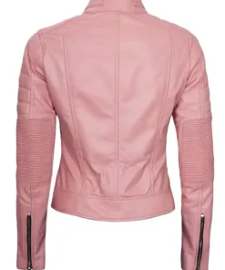 Pink Leather Motorcycle Jacket Mens Cafe Racer Striped Biker Stand Up Collar Back