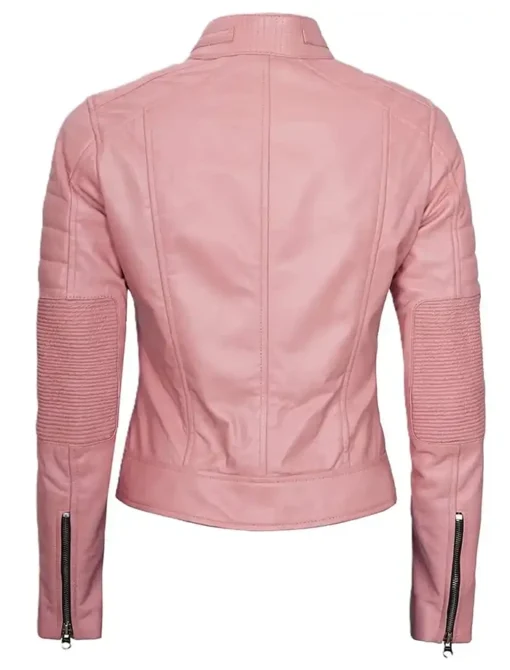 Pink Leather Motorcycle Jacket Mens Cafe Racer Striped Biker Stand Up Collar Back