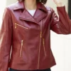 Red Leather Biker Jacket Womens With Laple Style Collar