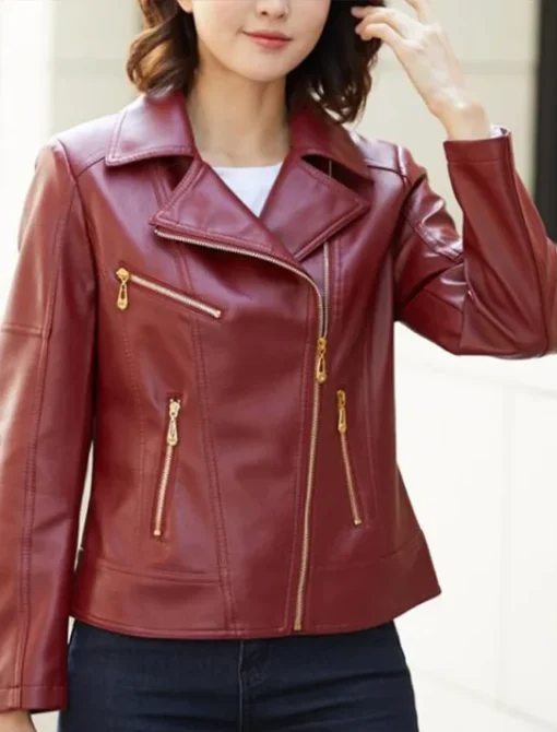 Red Leather Biker Jacket Womens With Laple Style Collar