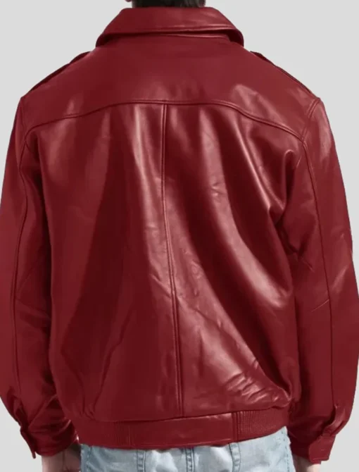 Red Leather Bomber Jacket Back