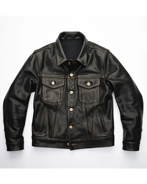 Stylish Black Leather Trucker Jacket