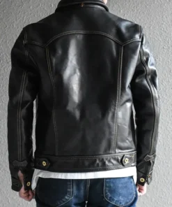 Stylish Black Leather Trucker Jacket Back