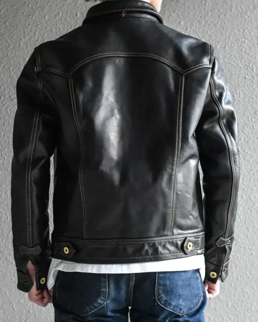 Stylish Black Leather Trucker Jacket Back