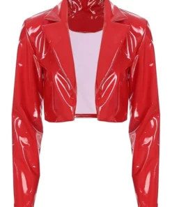 Women Classic Red Leather Jacket Cropped