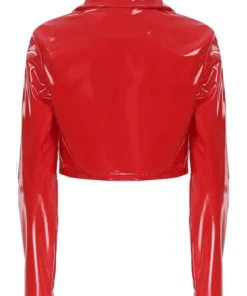 Women Classic Red Leather Jacket Cropped Back