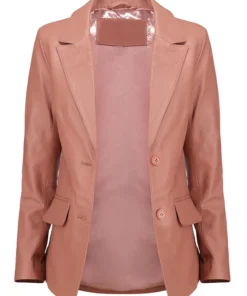 Women Leather Pink Blazer Front With Button