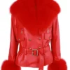 Women Red Leather Jacket With Fur