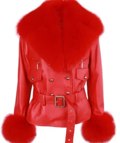 Women Red Leather Jacket With Fur