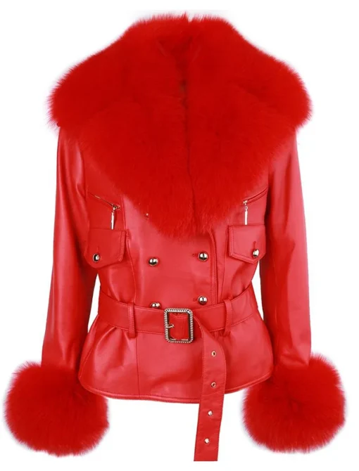 Women Red Leather Jacket With Fur