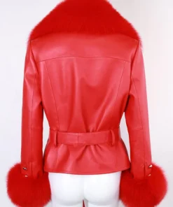 Women Red Leather Jacket With Fur Back