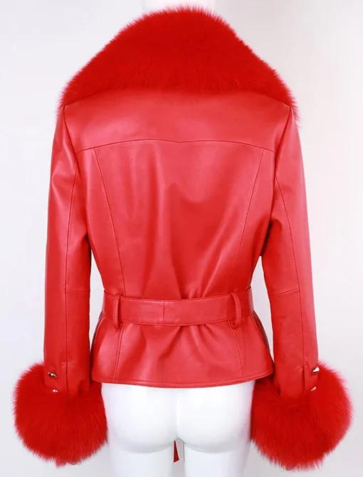 Women Red Leather Jacket With Fur Back