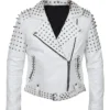 Women White Leather Jacket With Cone Studs