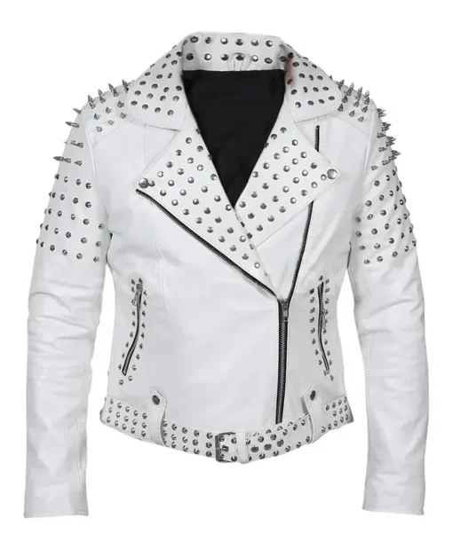 Women White Leather Jacket With Cone Studs