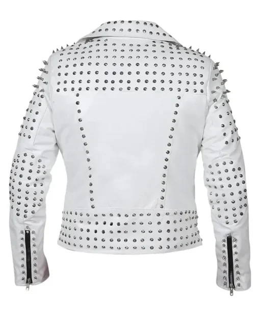 Women White Leather Jacket With Cone Studs Back