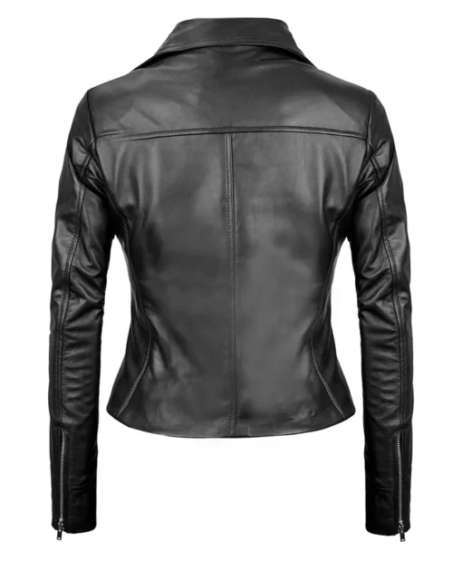 Women's Black Asymmetrical Real Leather Moto Jacket Back