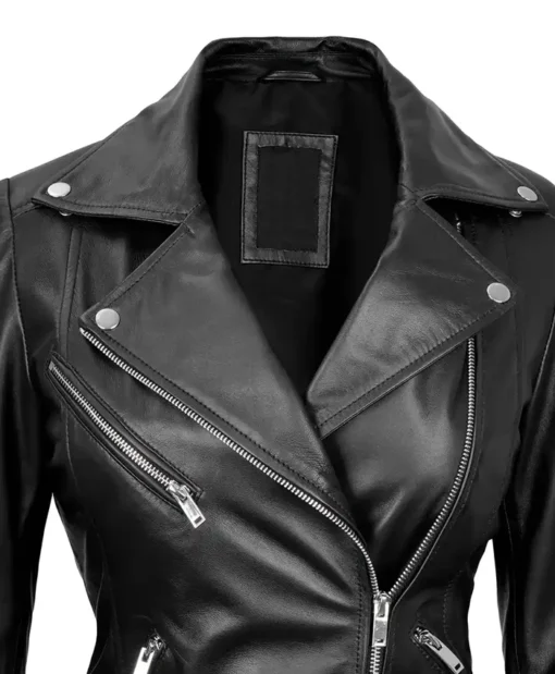 Women's Black Asymmetrical Real Leather Moto Jacket Collar