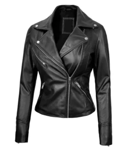 Women's Black Asymmetrical Real Leather Moto Jacket Main