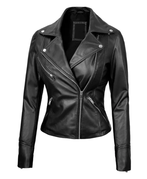 Women's Black Asymmetrical Real Leather Moto Jacket Main